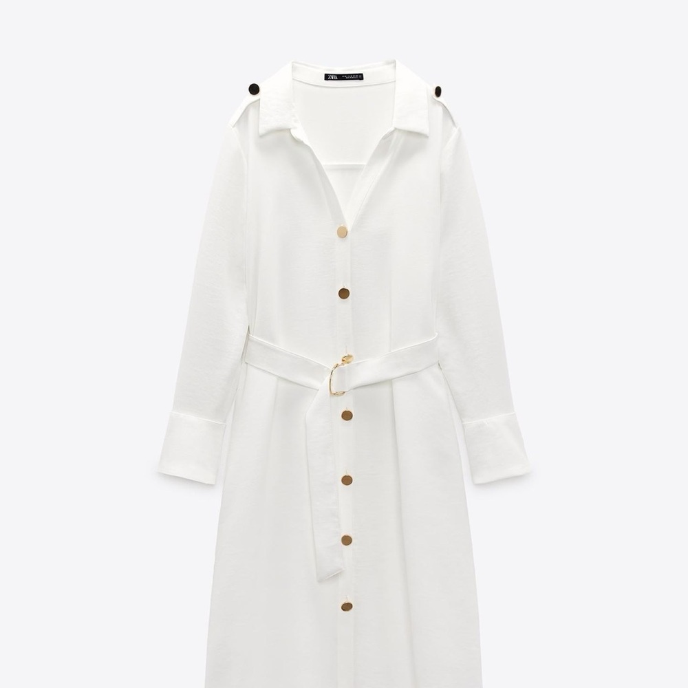 Zara White Long Sleeve Belted Dress